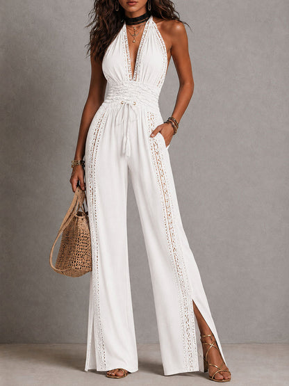Boho Elegant Lace Panel Smocked Waist Wide Leg One-Piece Jumpsuit