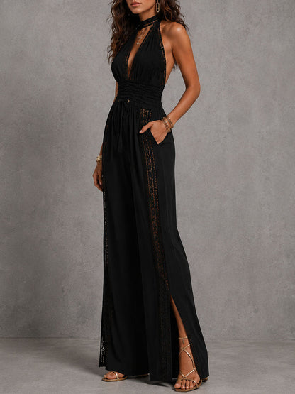 Boho Elegant Lace Panel Smocked Waist Wide Leg One-Piece Jumpsuit