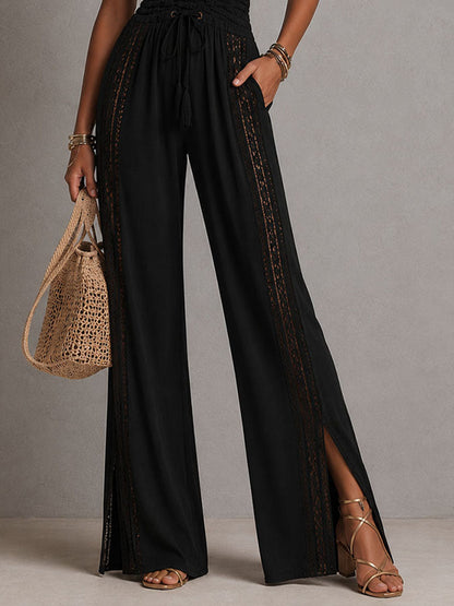 Boho Elegant Lace Panel Smocked Waist Wide Leg One-Piece Jumpsuit