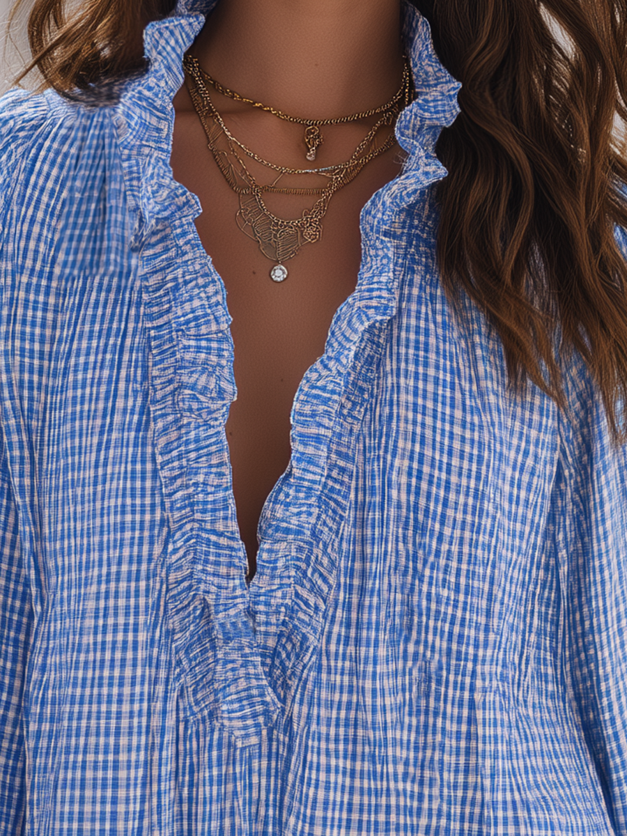 Santorini Breeze Blue Gingham Ruffle Mini Dress
