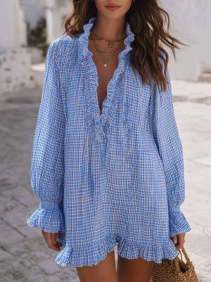 Santorini Breeze Blue Gingham Ruffle Mini Dress