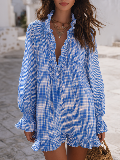 Santorini Breeze Blue Gingham Ruffle Mini Dress