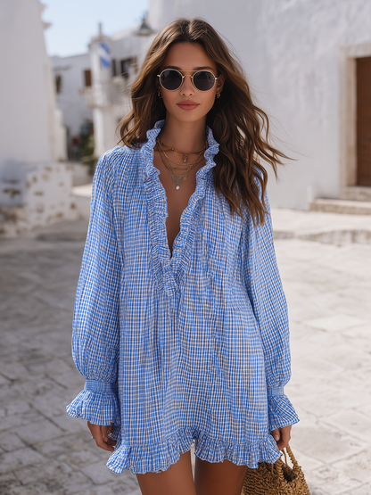 Santorini Breeze Blue Gingham Ruffle Mini Dress
