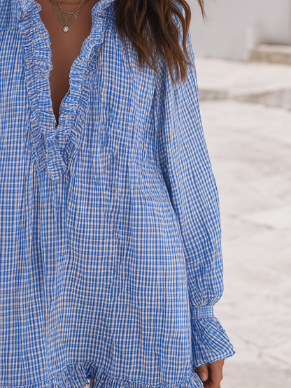 Santorini Breeze Blue Gingham Ruffle Mini Dress