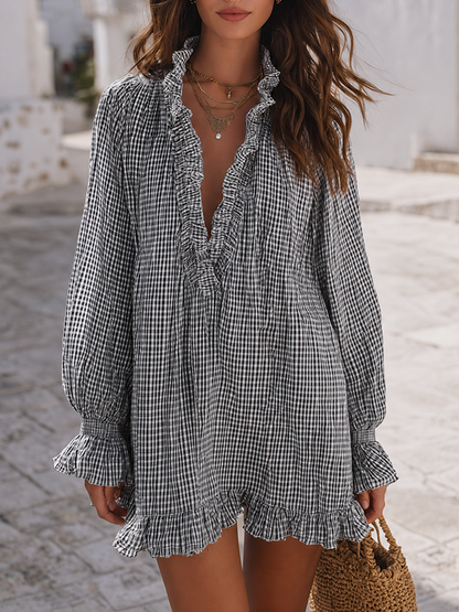 Santorini Breeze Blue Gingham Ruffle Mini Dress