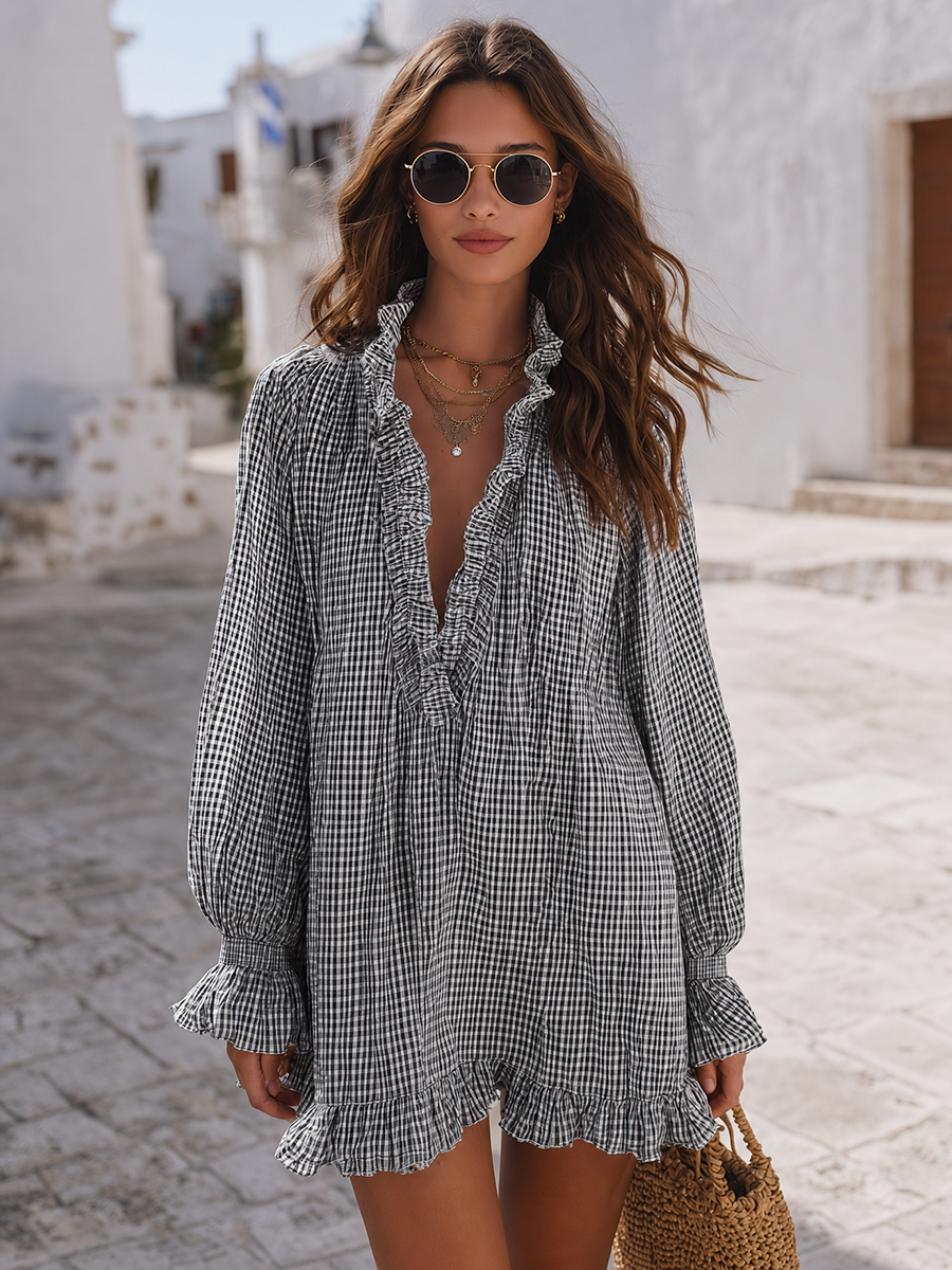 Santorini Breeze Blue Gingham Ruffle Mini Dress