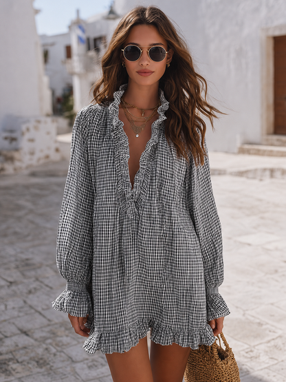 Santorini Breeze Blue Gingham Ruffle Mini Dress