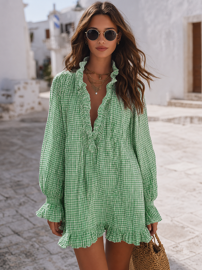 Santorini Breeze Blue Gingham Ruffle Mini Dress