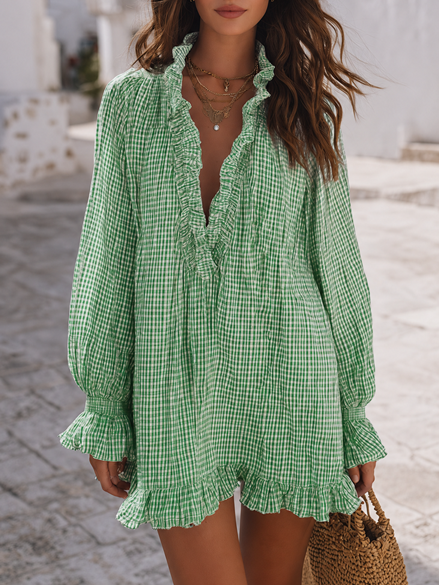 Santorini Breeze Blue Gingham Ruffle Mini Dress