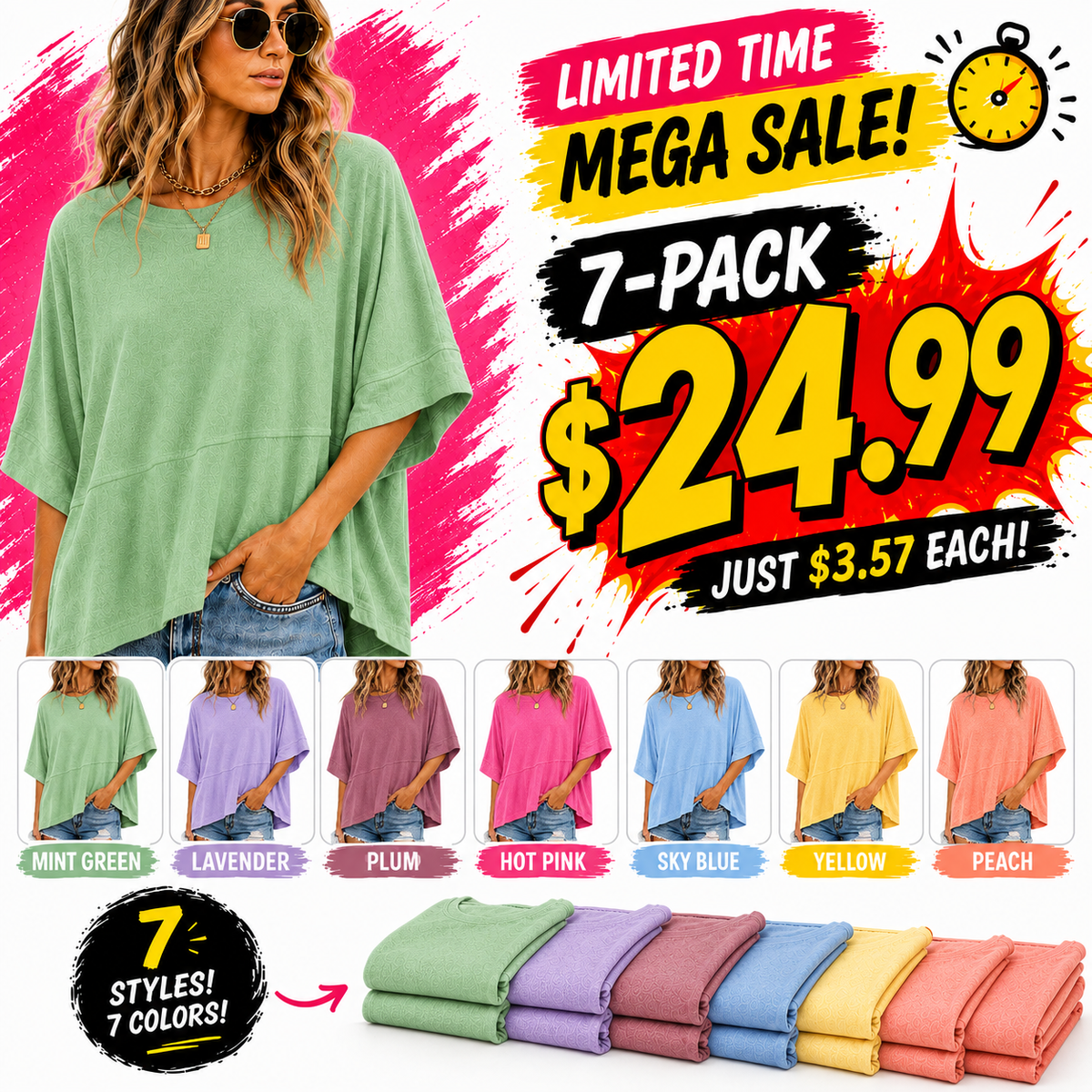 🔥 LIMITED TIME CLEARANCE! Women's Oversized Batwing Sleeve T-Shirt  ⚡
