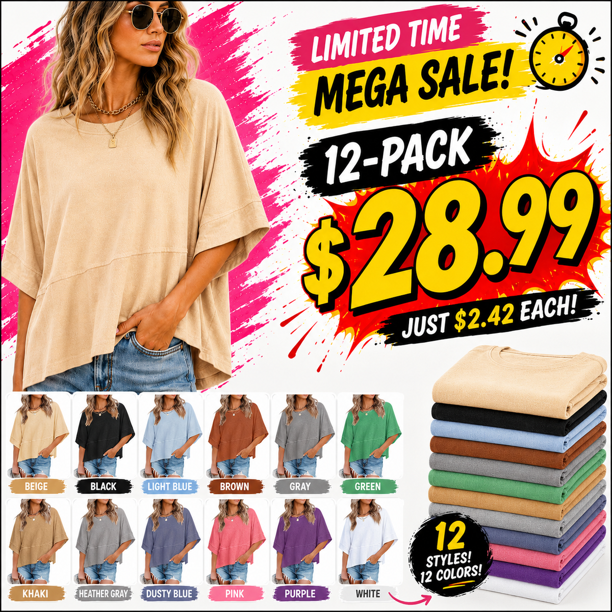 🔥 LIMITED TIME CLEARANCE! Women's Oversized Batwing Sleeve T-Shirt  ⚡