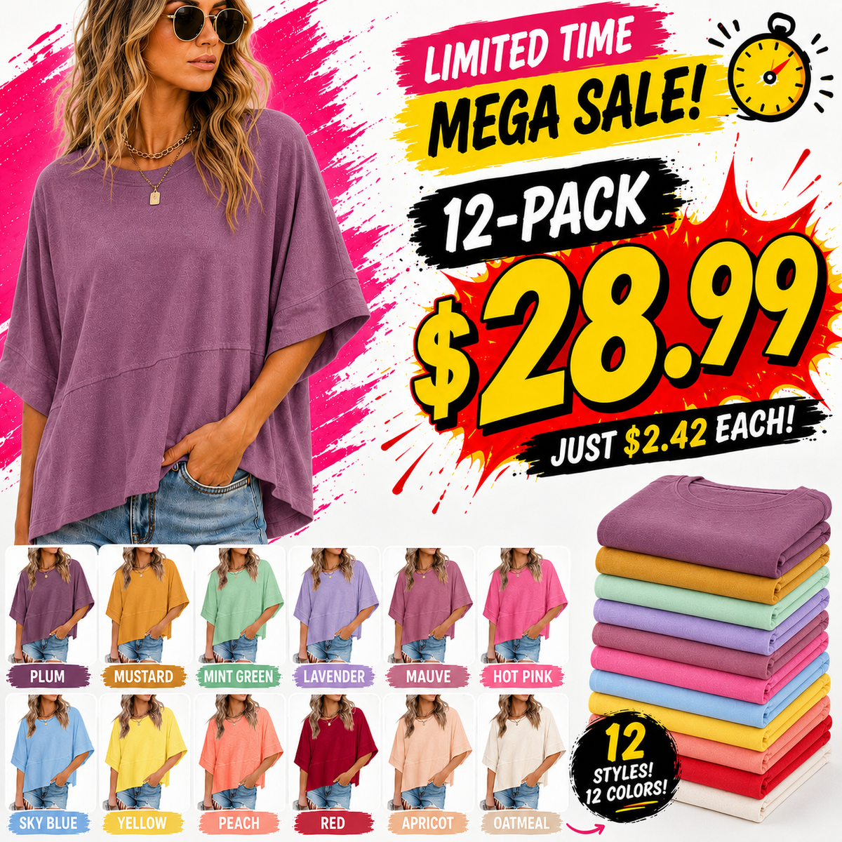 🔥 LIMITED TIME CLEARANCE! Women's Oversized Batwing Sleeve T-Shirt  ⚡
